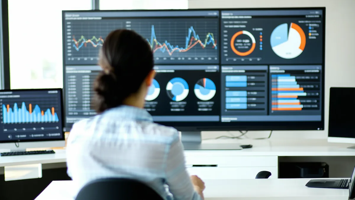 Insurance professional reviewing a digital dashboard in a modern office