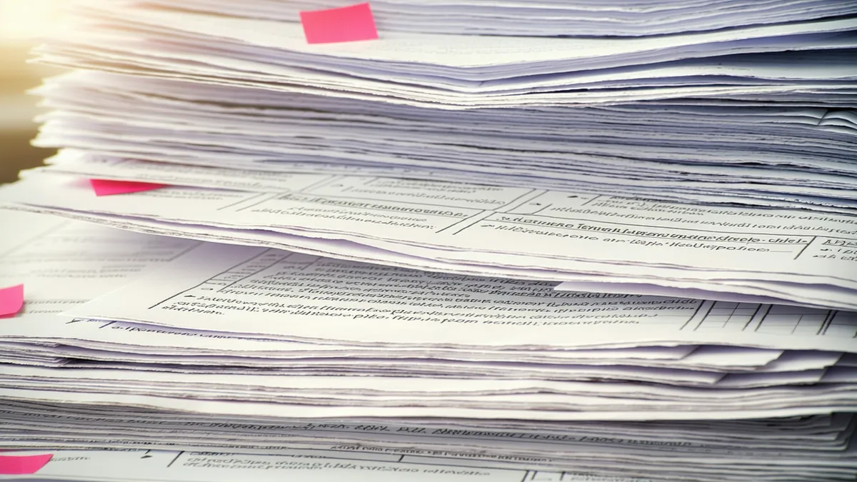 Stack of insurance claim forms with red flags attached