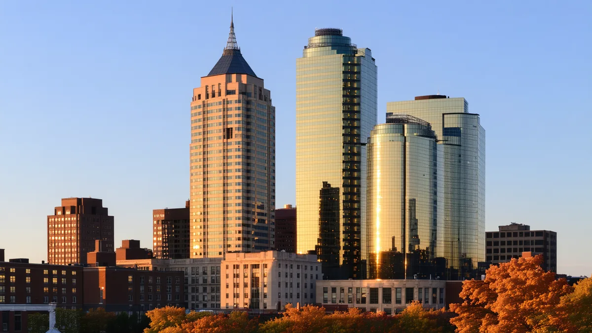Hartford Connecticut skyline at dusk with historic office buildings
