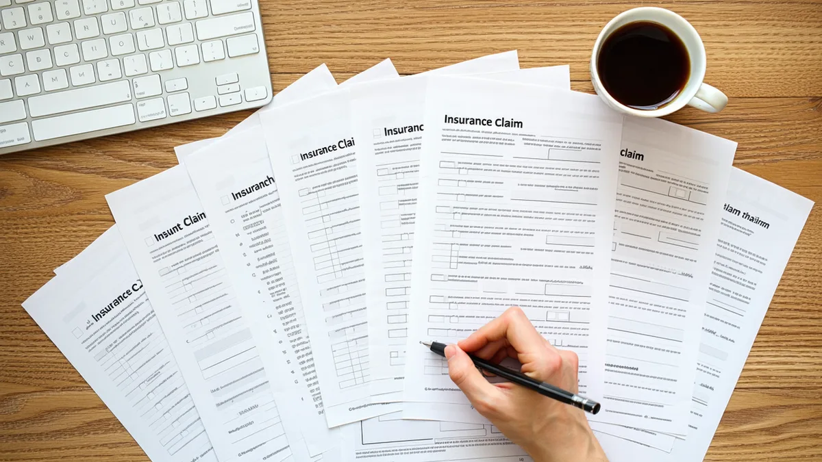 Claims adjuster reviewing a document checklist at a desk — overhead view