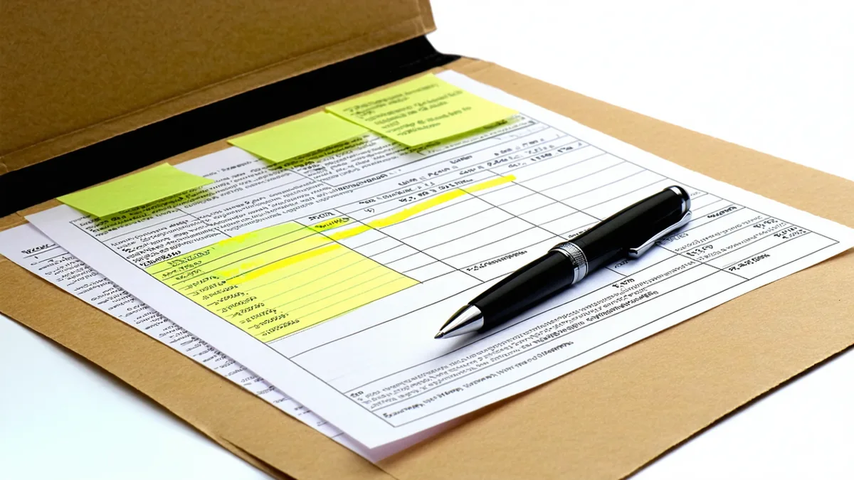 Open insurance claim file with post-it notes and highlighted dates